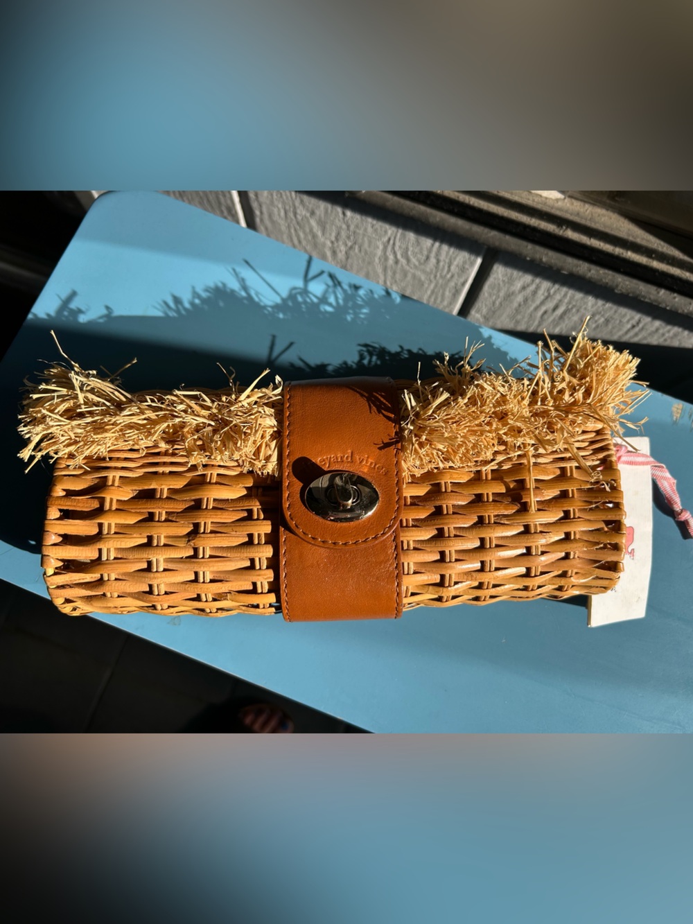 Vineyard Vines Woven Straw Clutch with Tan Leather Trim